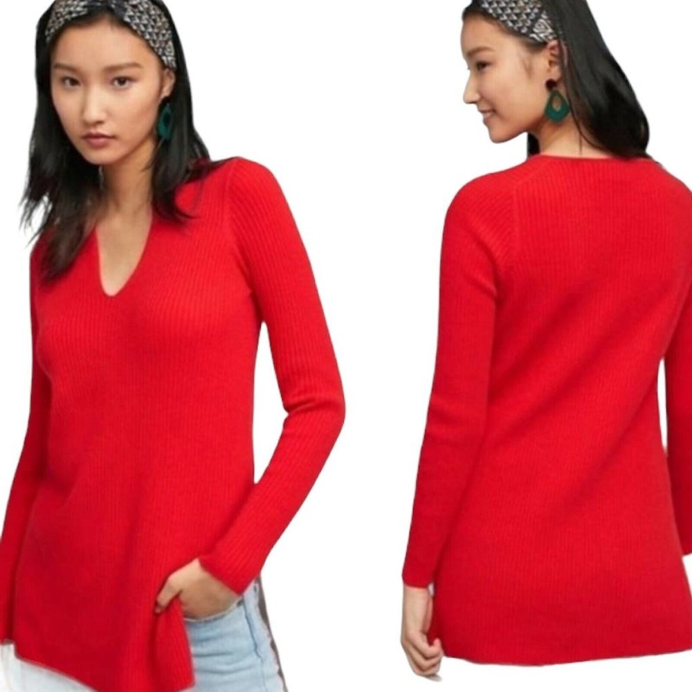 Anthropologie Ett:twa Women XS Red Long Sleeve V neck Ribbed Long Knit Sweater